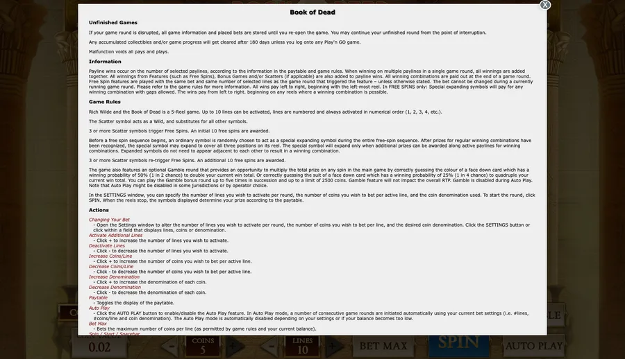 Book of Dead in-game rules panel open over the reels