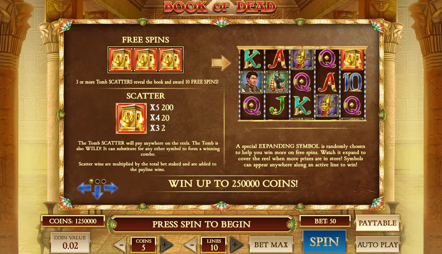 Book of Dead paytable page showing scatter payouts and the 250,000-coin win ceiling Book of Dead paytable page showing scatter payouts and the