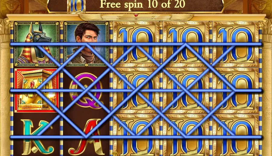 The ten symbol expanded across three reels of Book of Dead during free spins The ten symbol expanded across three reels of Book of Dead